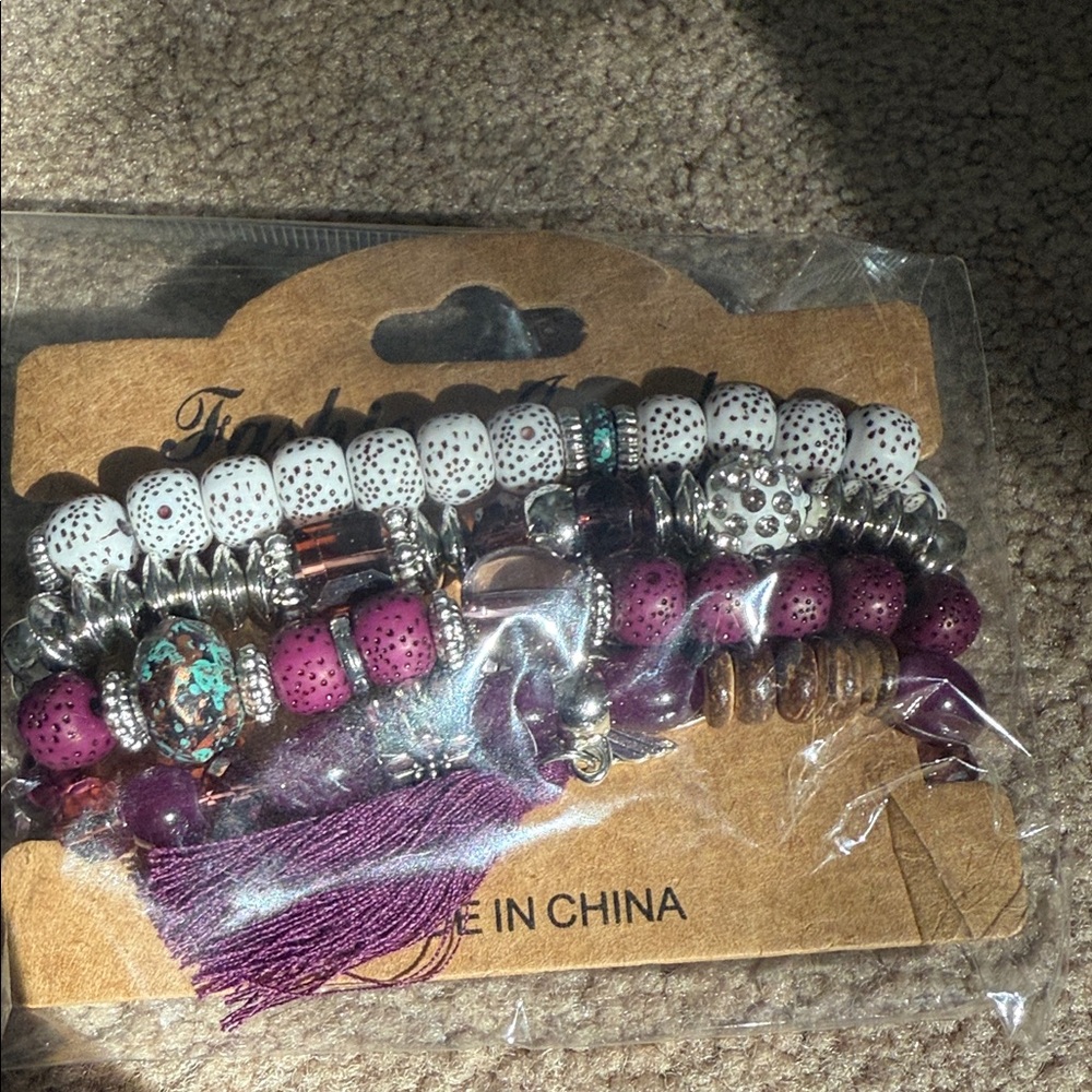 Elegant Purple and White Beaded Bracelet Set